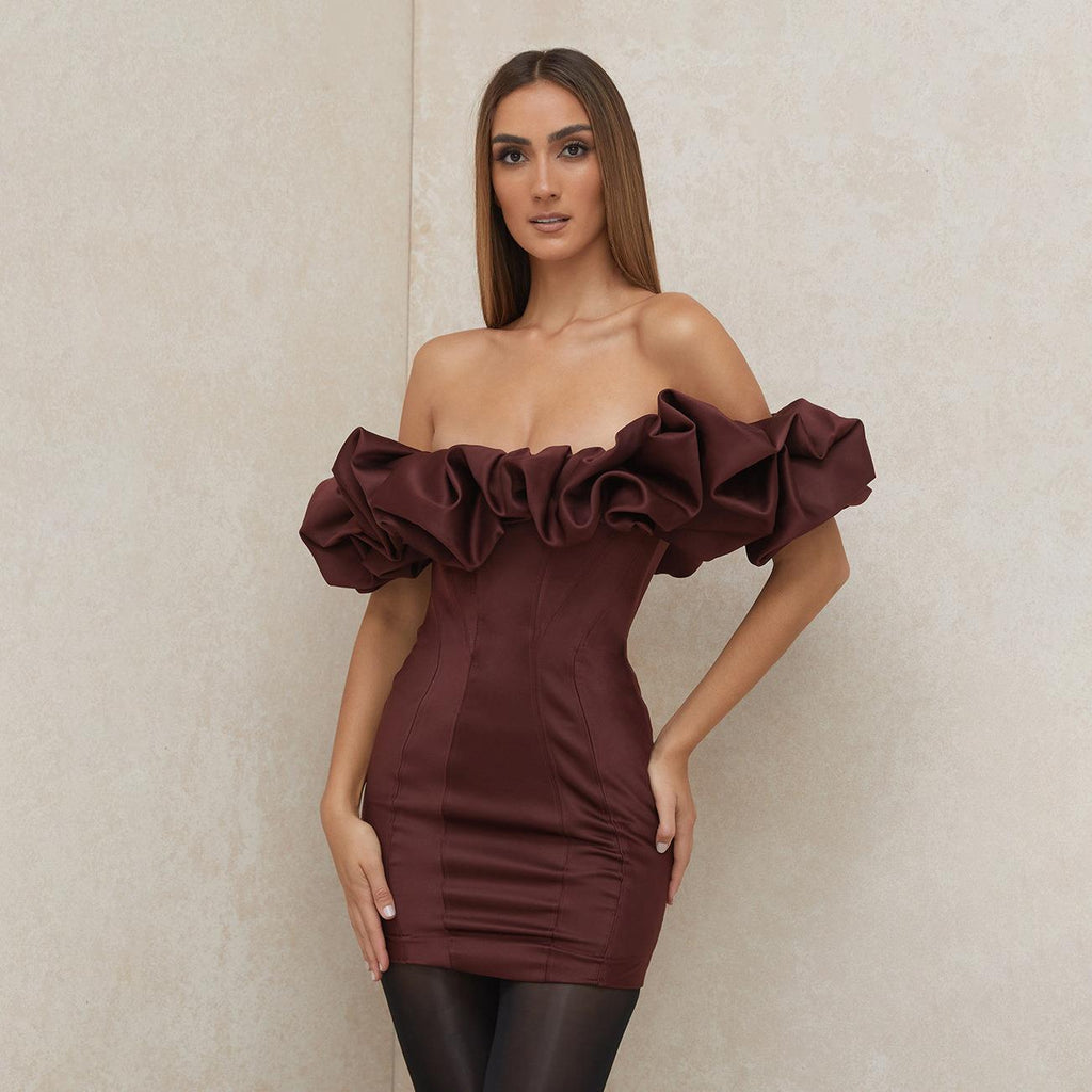 Sexy dress waist-wrapped hip skirt tube top one-word shoulder fishbone ruffle edge dress