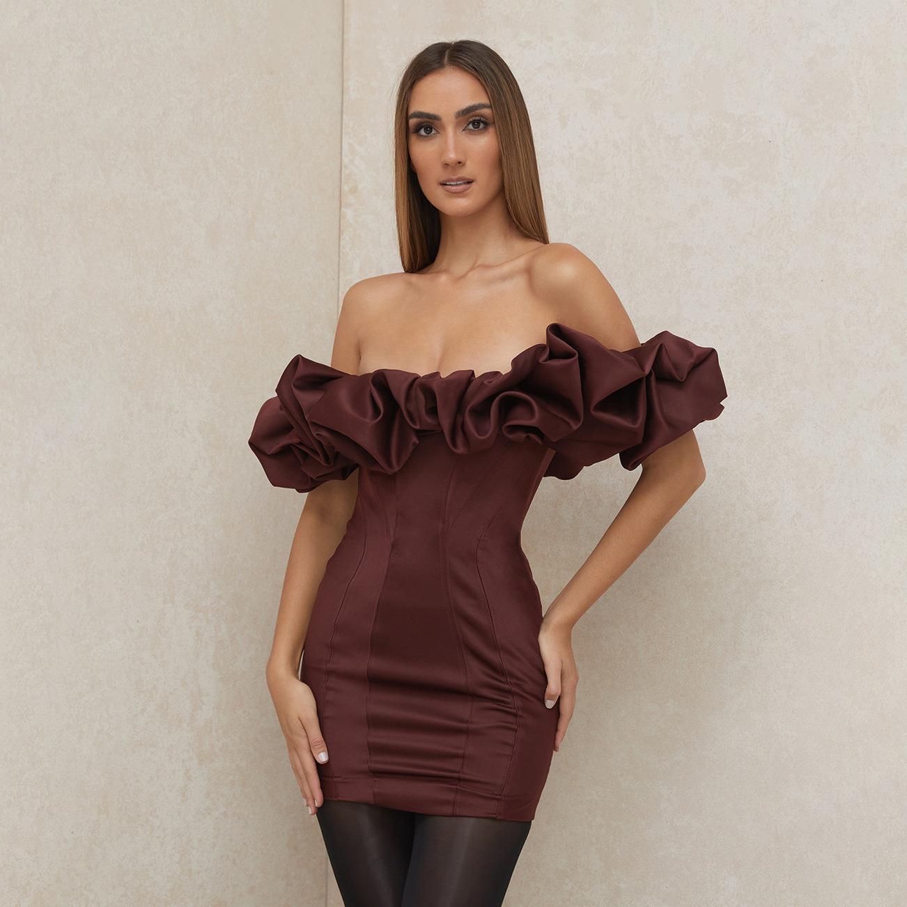 Sexy dress waist-wrapped hip skirt tube top one-word shoulder fishbone ruffle edge dress
