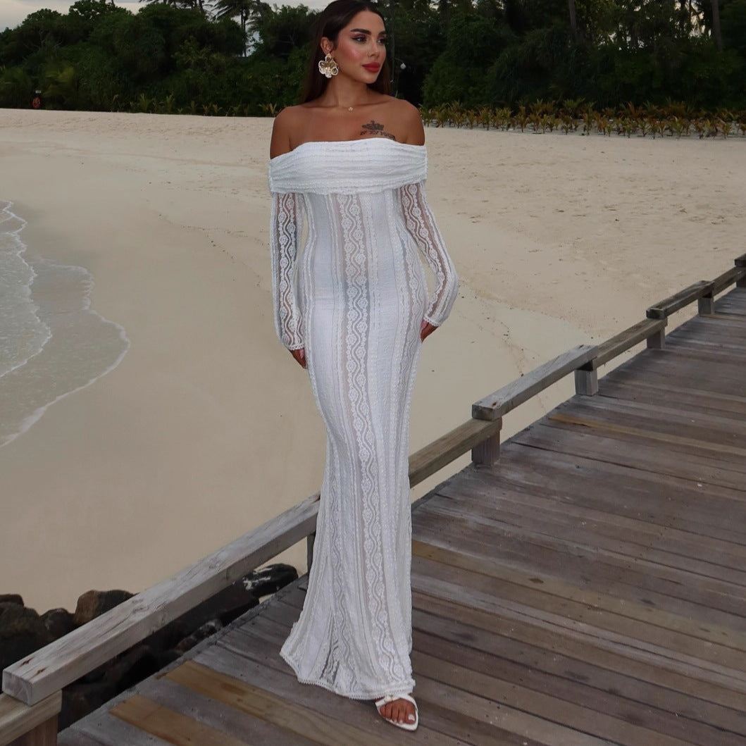 Women's new sexy one-word shoulder dress fashionable slim-fit lace hollow long-sleeved autumn and winter hip skirt
