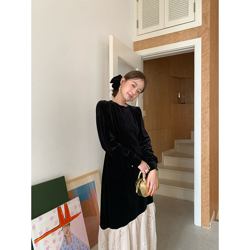 Light luxury high-end spliced velvet dress