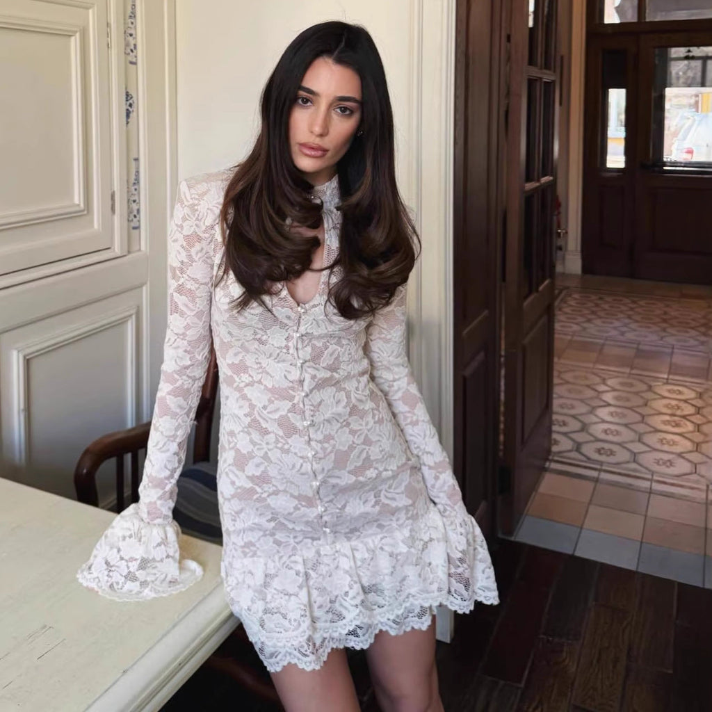 Lace flared sleeve dress stand-up collar hollow slim fit retro celebrity style hip skirt