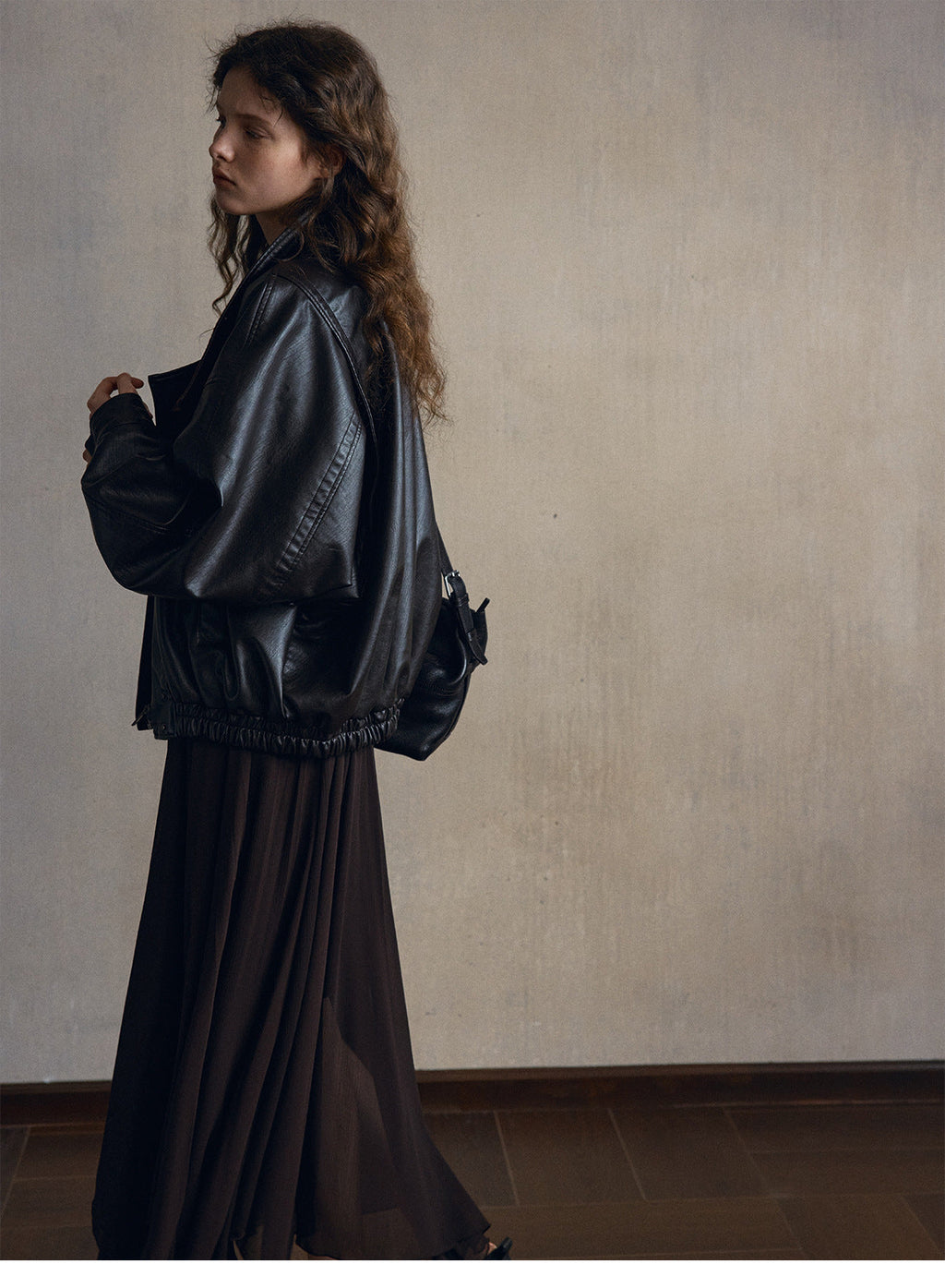 Vintage splicing silhouette eco-friendly leather jacket women's PU coating loose commuter lapel jacket