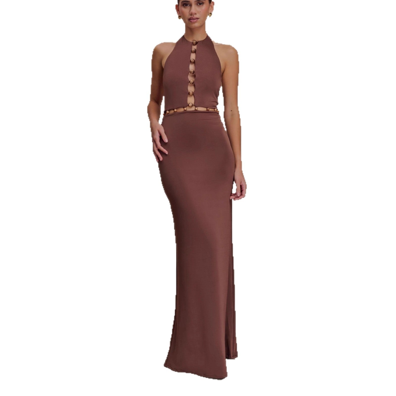 Fashion Splicing Beaded Neck Hip Wrap Skirt Backless Sexy Spice Girl Dress