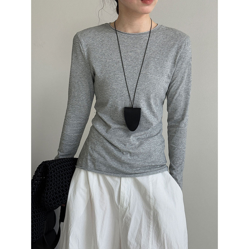 Korean versatile curled round neck T-shirt bottoming shirt women's autumn new long-sleeved slim-fit top