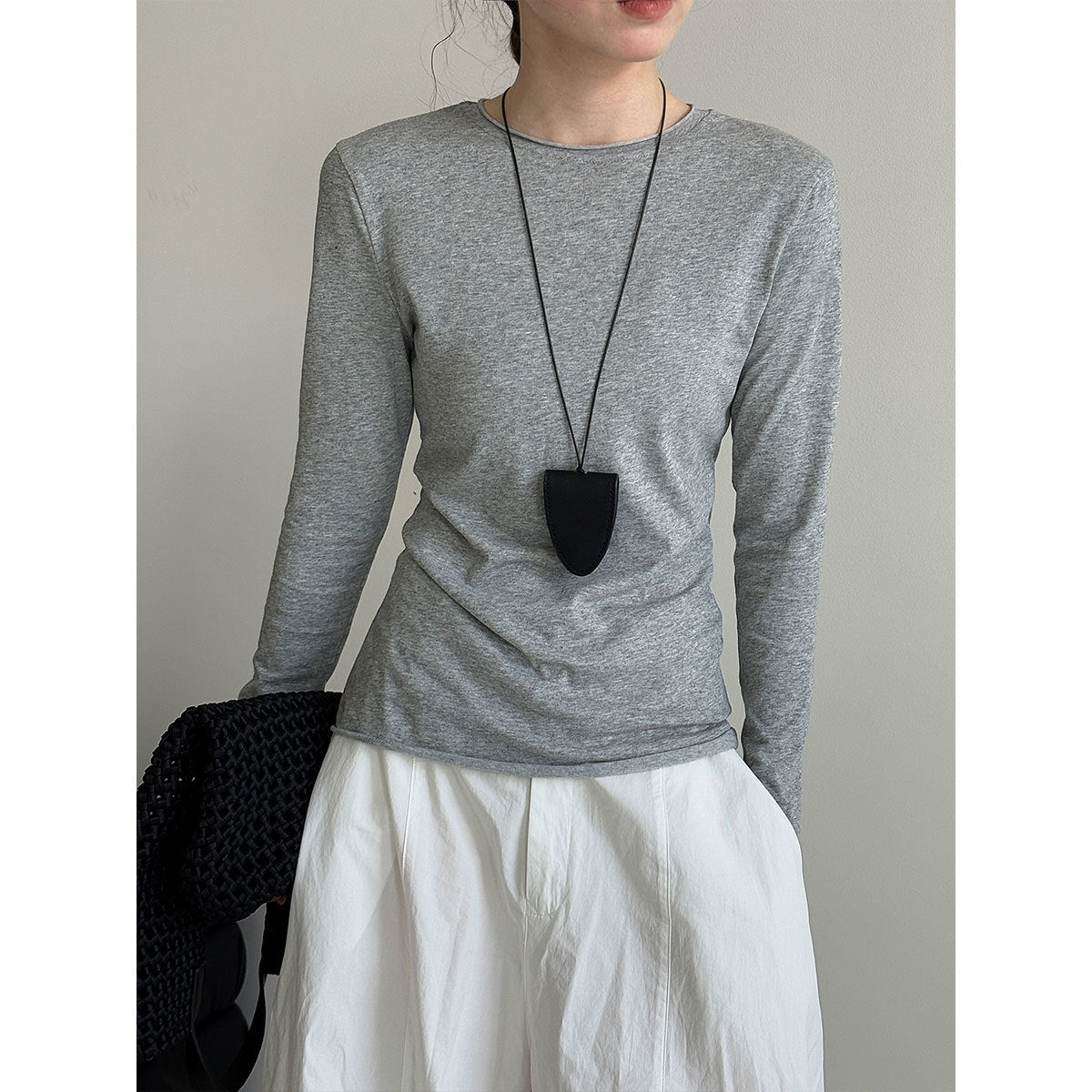 Korean versatile curled round neck T-shirt bottoming shirt women's autumn new long-sleeved slim-fit top