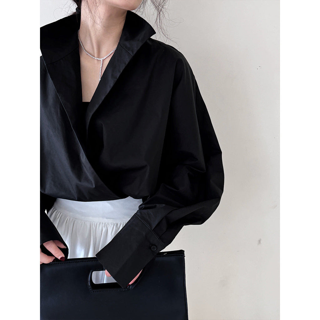 Silhouette stacked stand-up collar deep V-neck white shirt women's lazy bat sleeve temperament large version commuter shirt