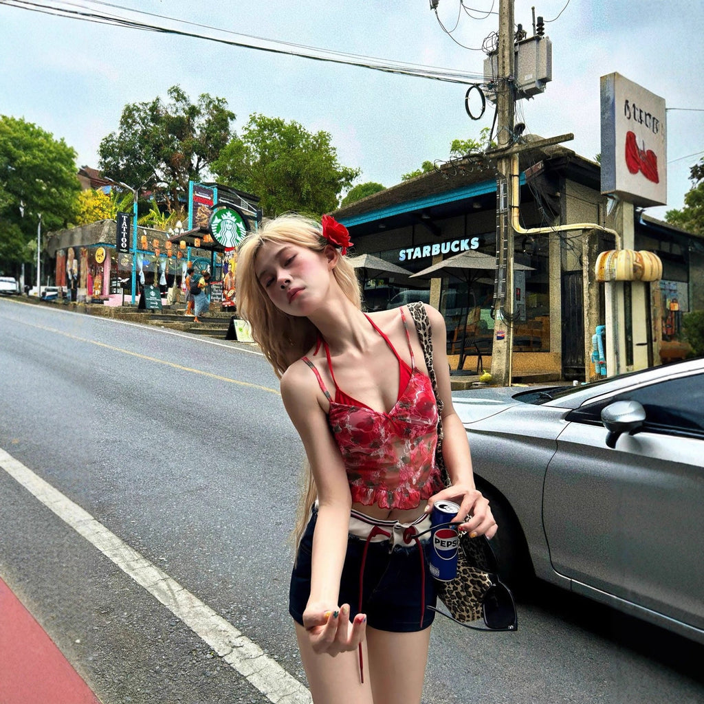 Red Floral Lace Mesh Cami Top