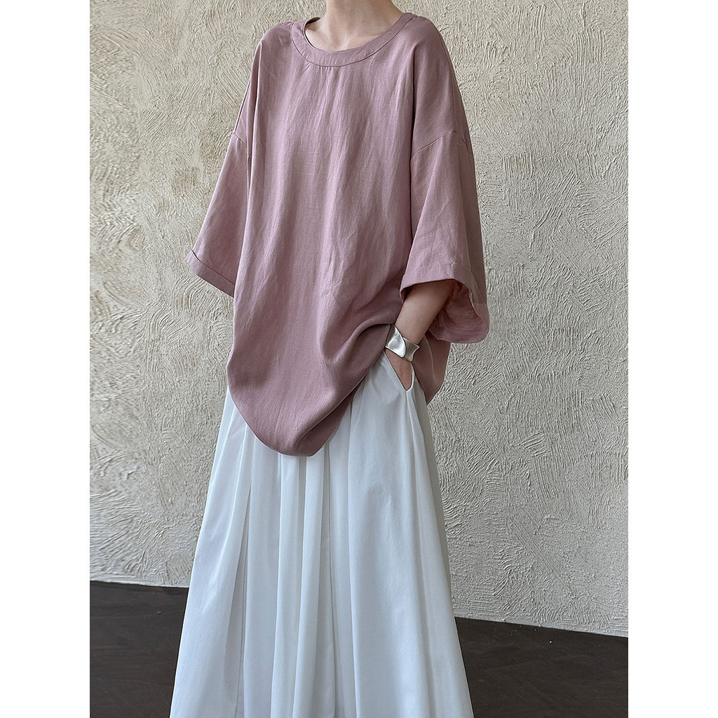 Lazy wind simple loose round neck T women's summer new back strap five-quarter sleeve short-sleeved top