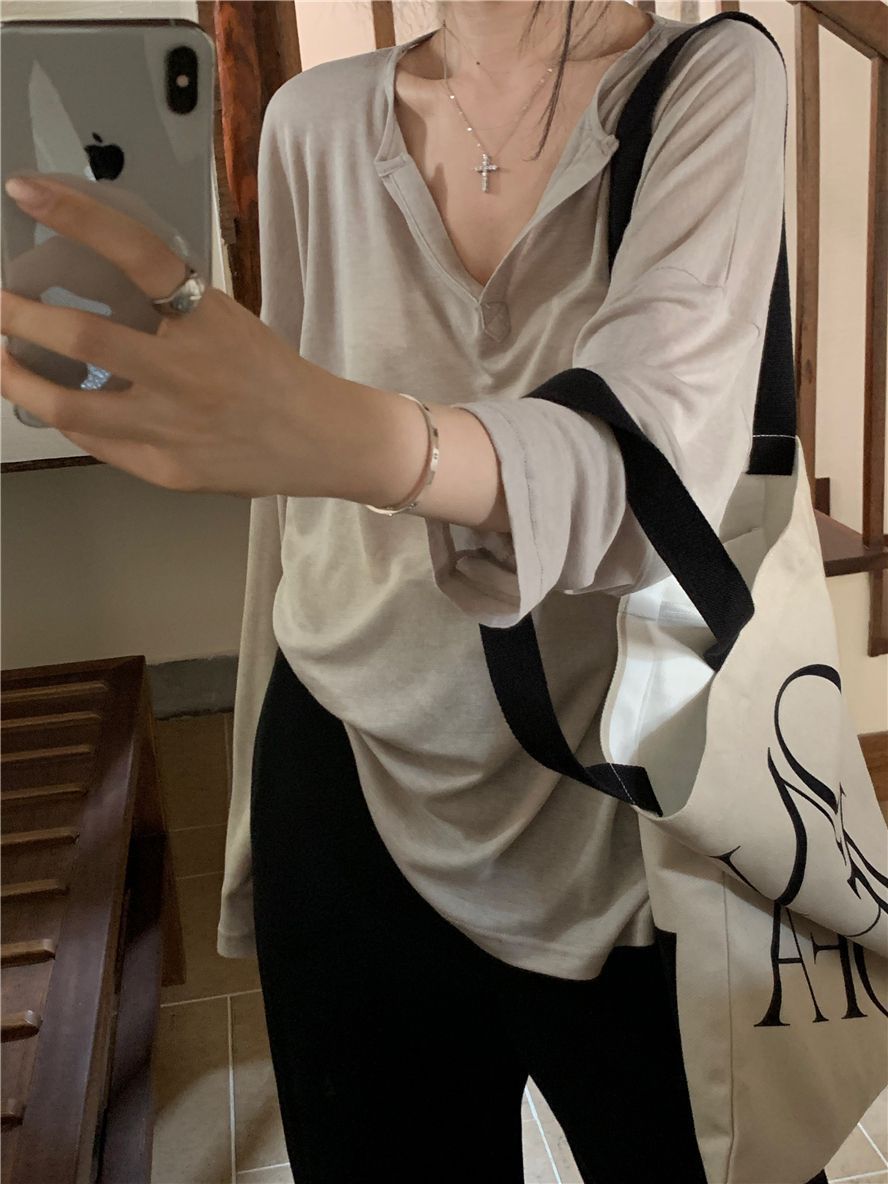 V-Neck Long Sleeve T-Shirt Women Loose Fit Ribbed Sheer Cover-Up