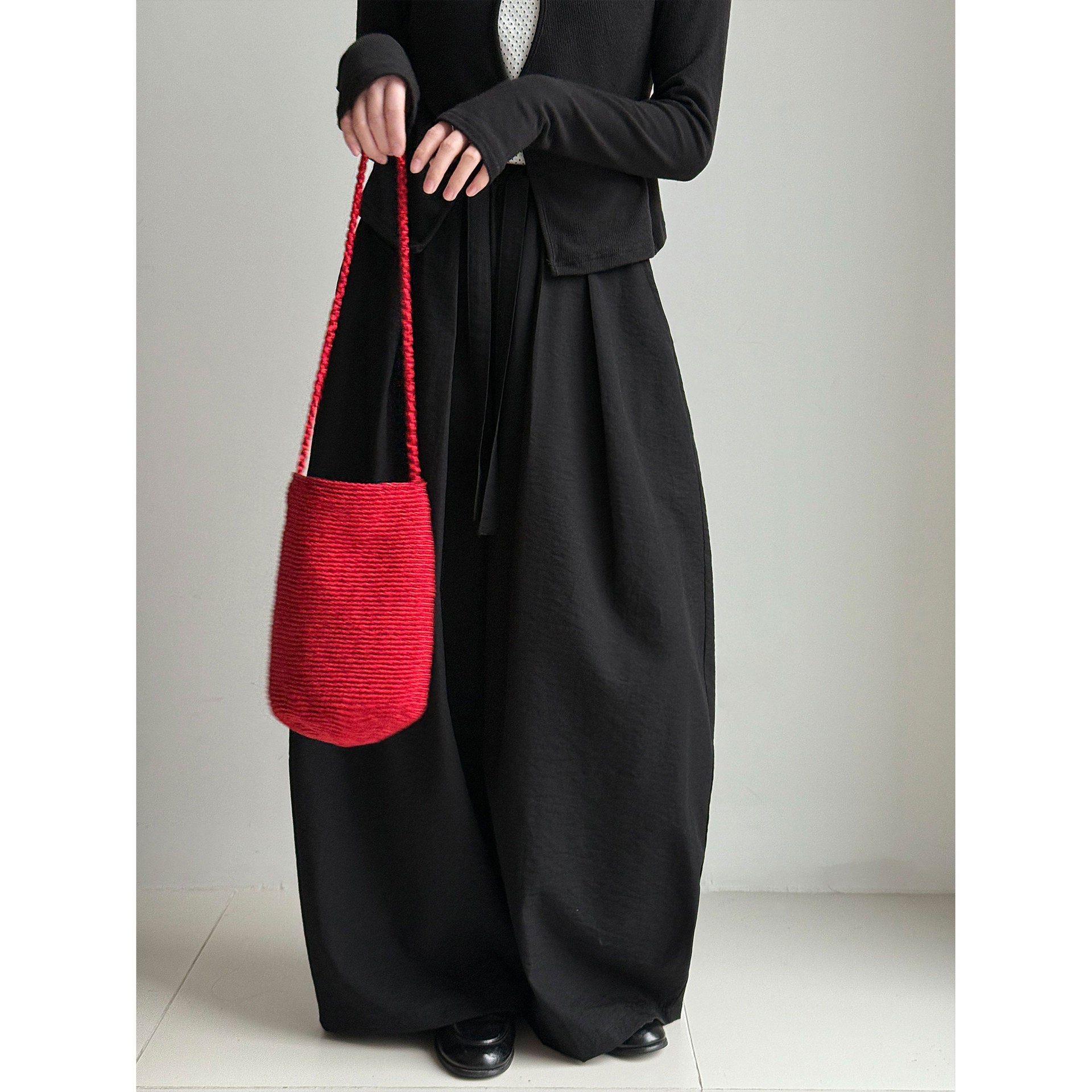 Japanese simple elastic waist drawstring hanging casual pants women's early spring new loose wide-leg trousers
