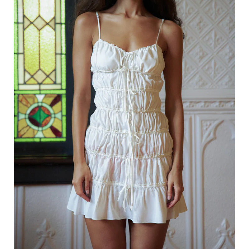 Fashion Vacation Style Splicing Lace Suspender Short Skirt Folds Sexy Dress