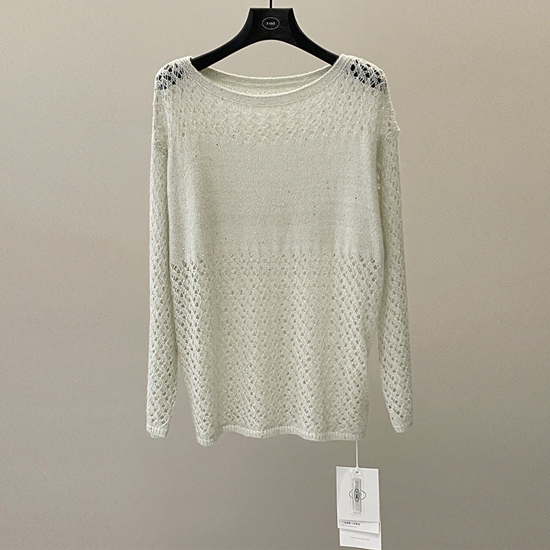 White hollow knitted sweater women's spring lazy wind loose sequined sunscreen blouse