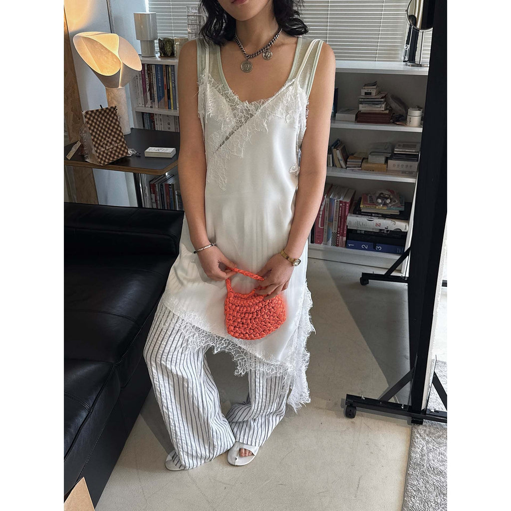 New French temperament V-neck eyelash lace slim primer suspender asymmetrical hem top women