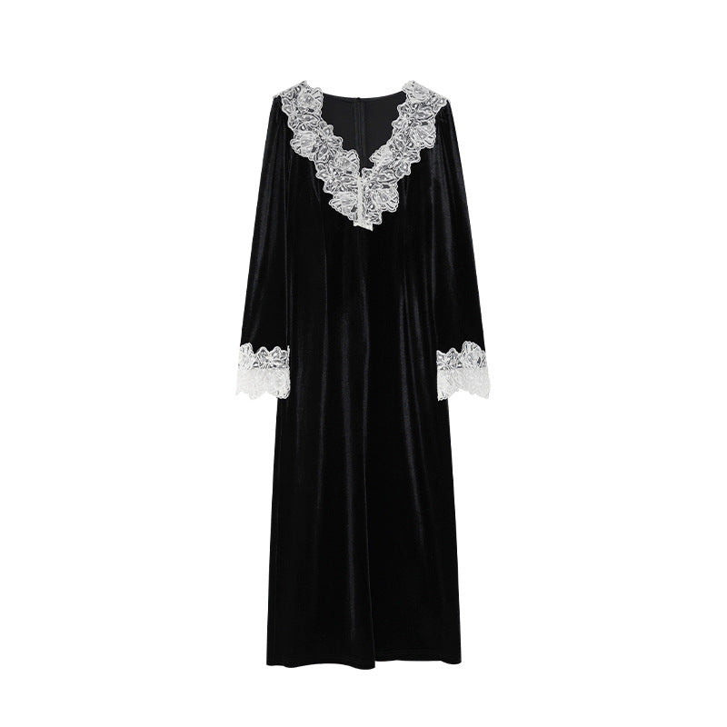 Yuan Hepburn temperament lace v-neck velvet dress
