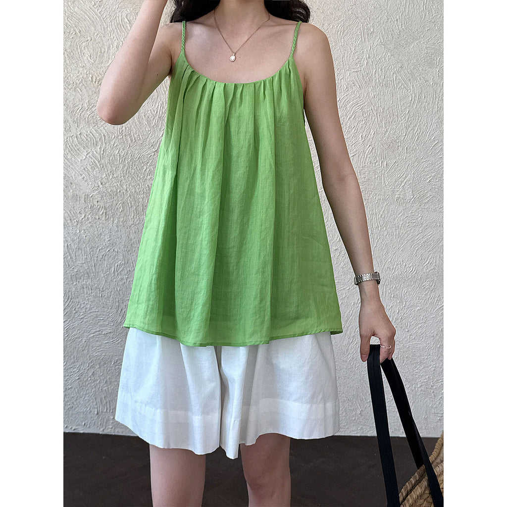 Pleated round neck woven shoulder strap vest women's summernew arrivalkorean style sleeveless loose suspender tops