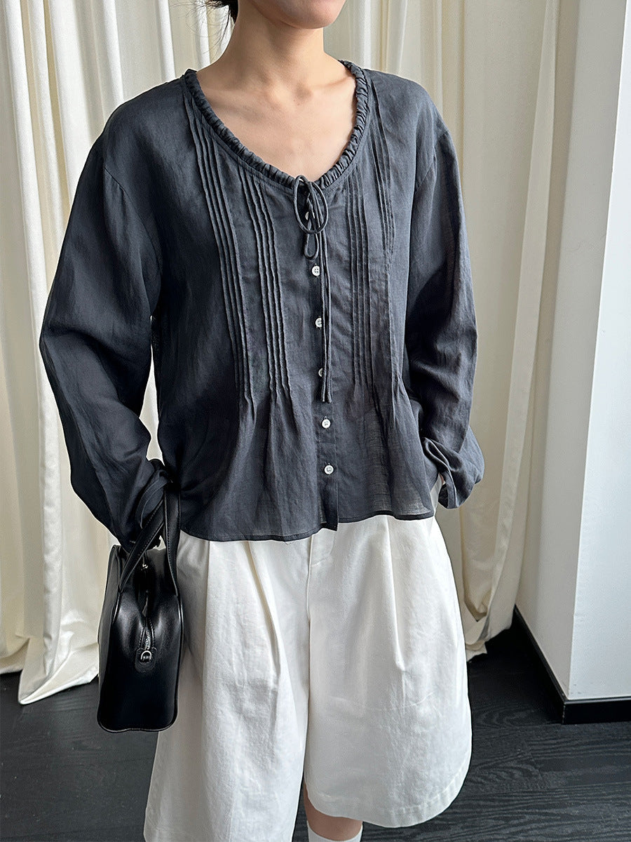 Tencel ramie pleated texture v-neck lazy lace shirt lazy shirt
