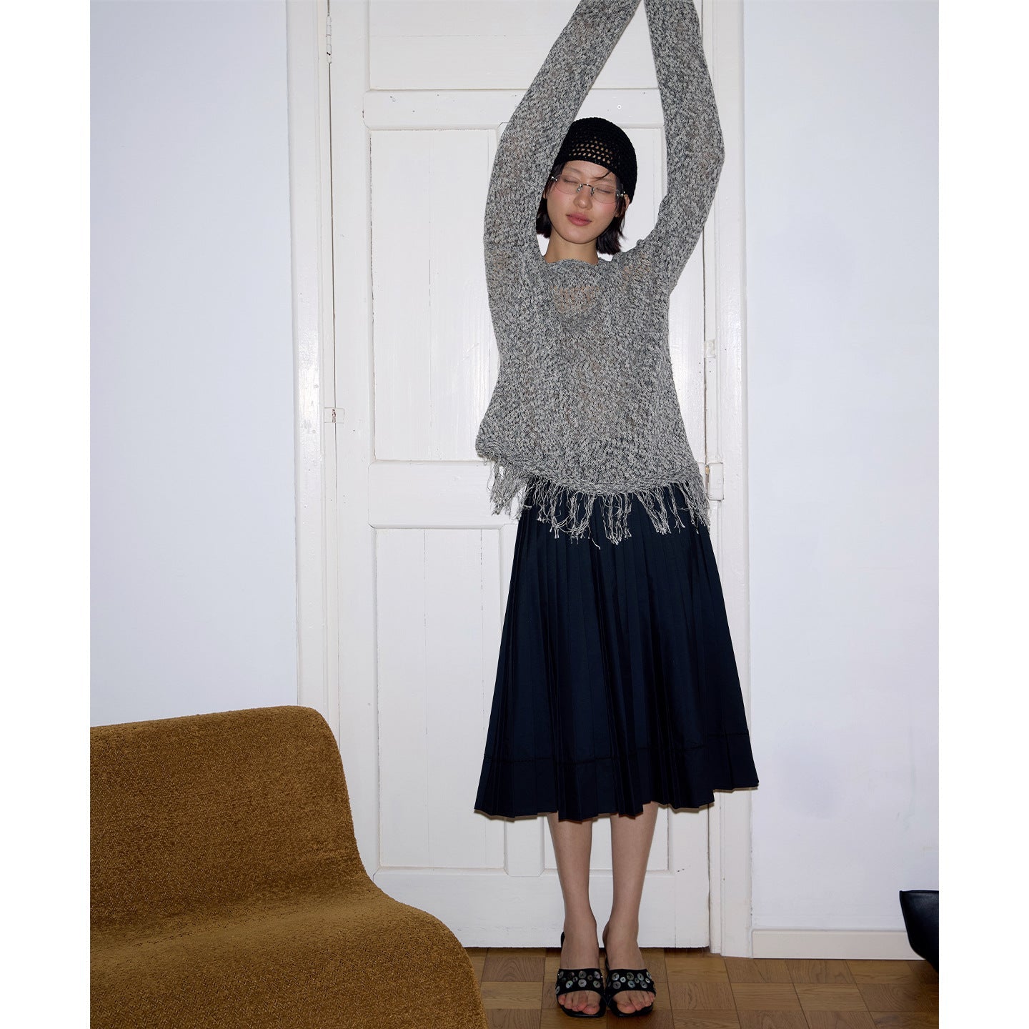 College style pleated skirt medium and long skirt skirt high-end high-waisted A-shaped skirt