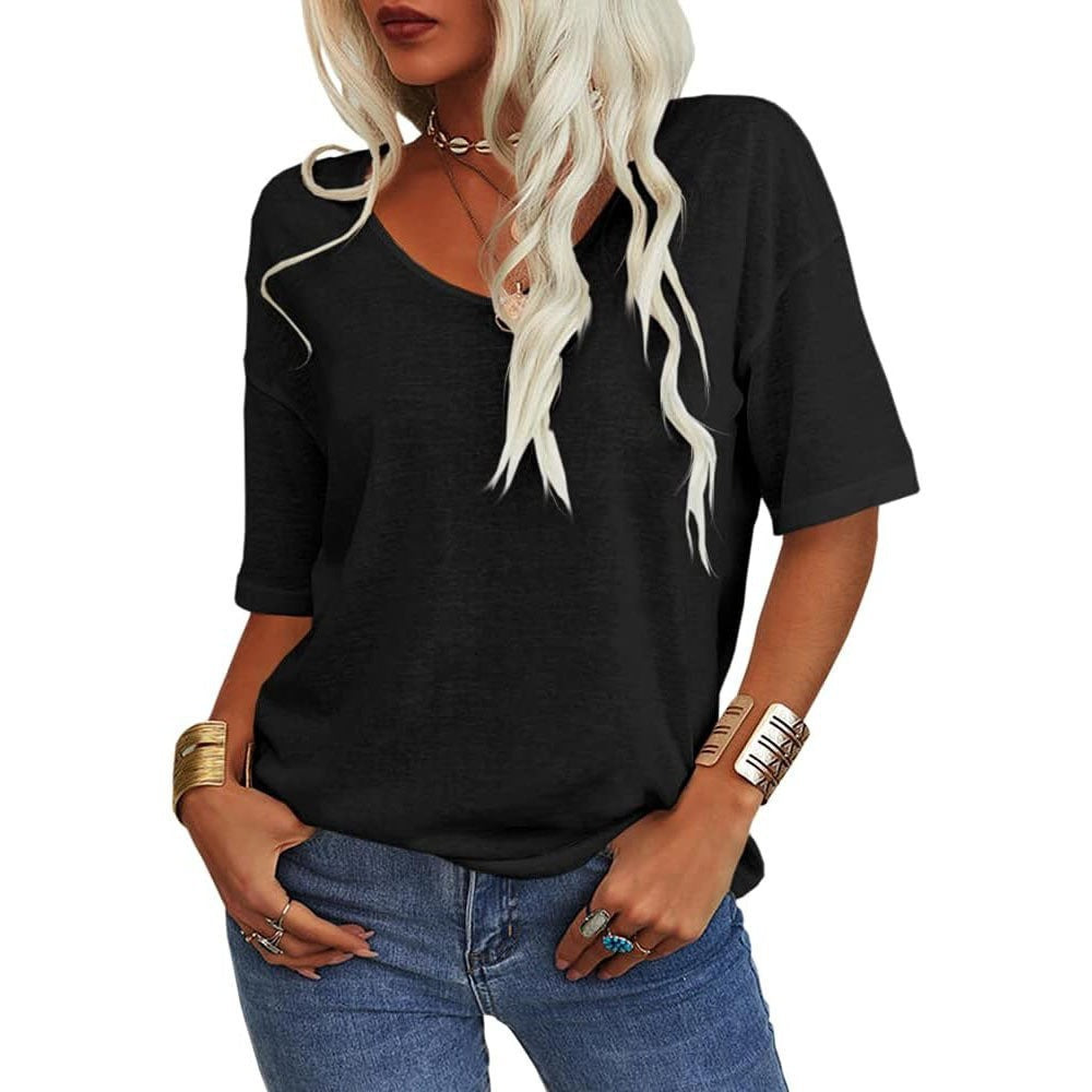 V-Neck Short Sleeve T-Shirt Women Loose Fit Casual Cotton Top