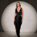 Spice girl deep V hanging fishbone suspender long dress backless splicing sexy dress
