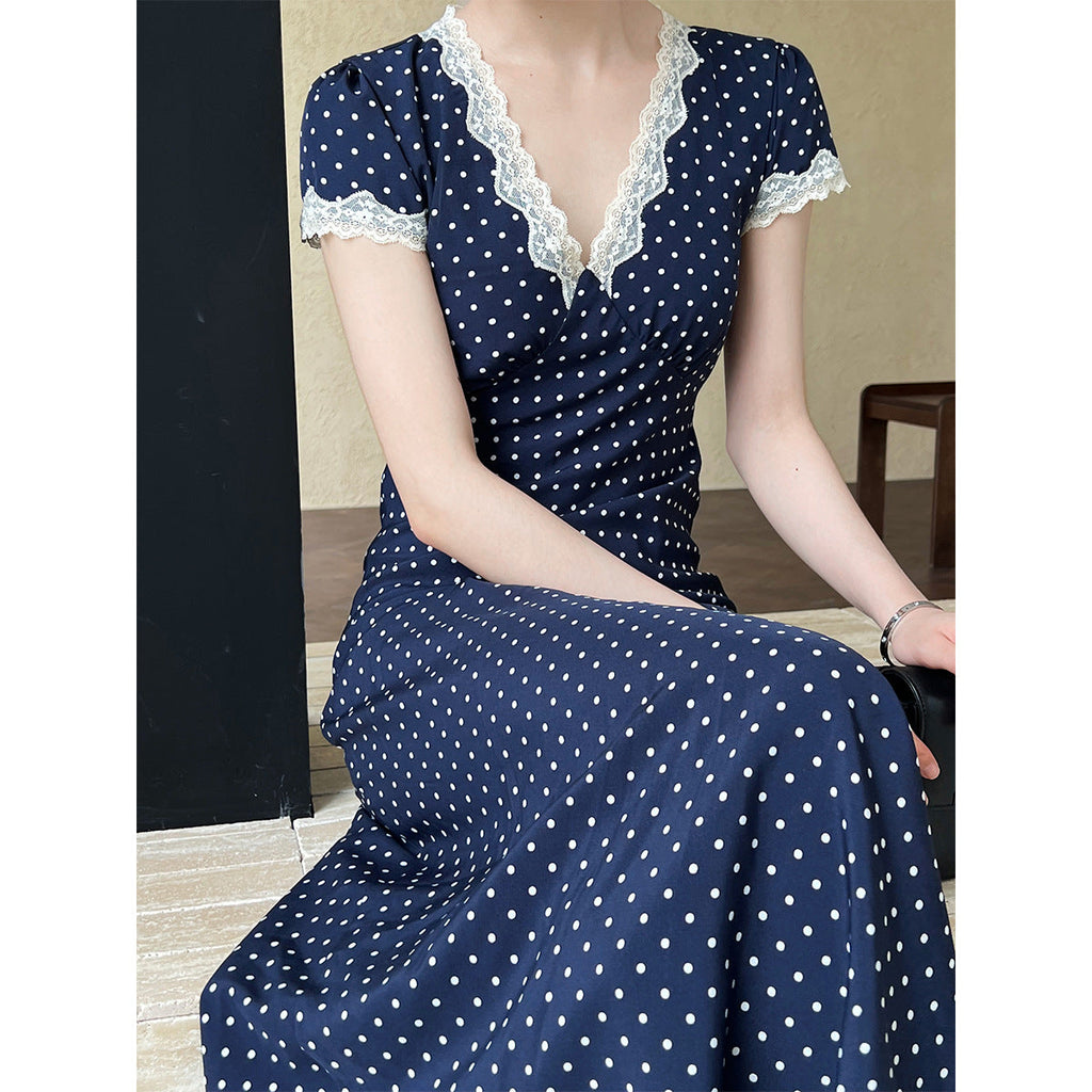 French lace splicing dress summer V-neck temperament polka dot waist slim skirt