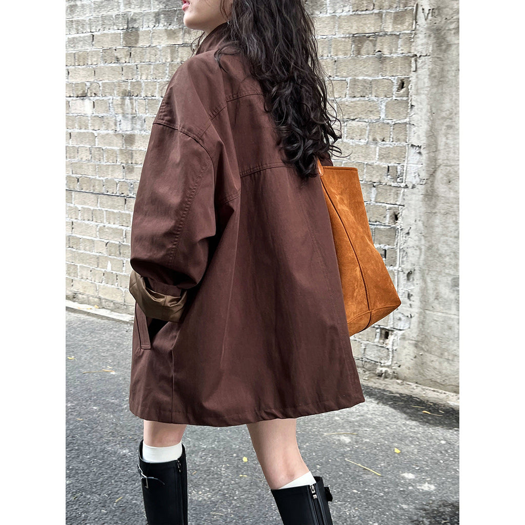 Premium temperament silhouette stand-up collar trench coat women's lazy style Japanese minimalist oversize coat 8631