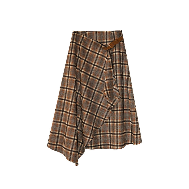 Leather buckle design irregular a word high waist plaid skirt