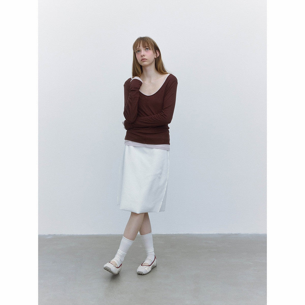 Autumn new casual simple solid color Tencel wool large V-neck easy long-sleeved bottoming shirt