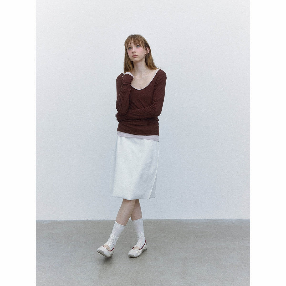 Autumn new casual simple solid color Tencel wool large V-neck easy long-sleeved bottoming shirt