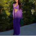 Stylish Sexy Hottie Deep V-Neck Hollow Kink Pleated Long Sleeve Dress