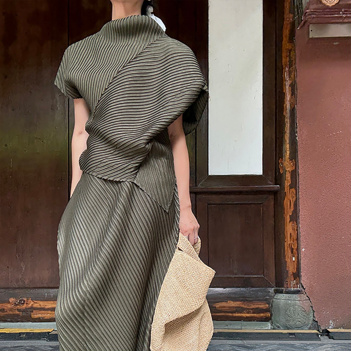 Miyake Pleated Two-Piece Set Women Minimalist Irregular Top and Skirt
