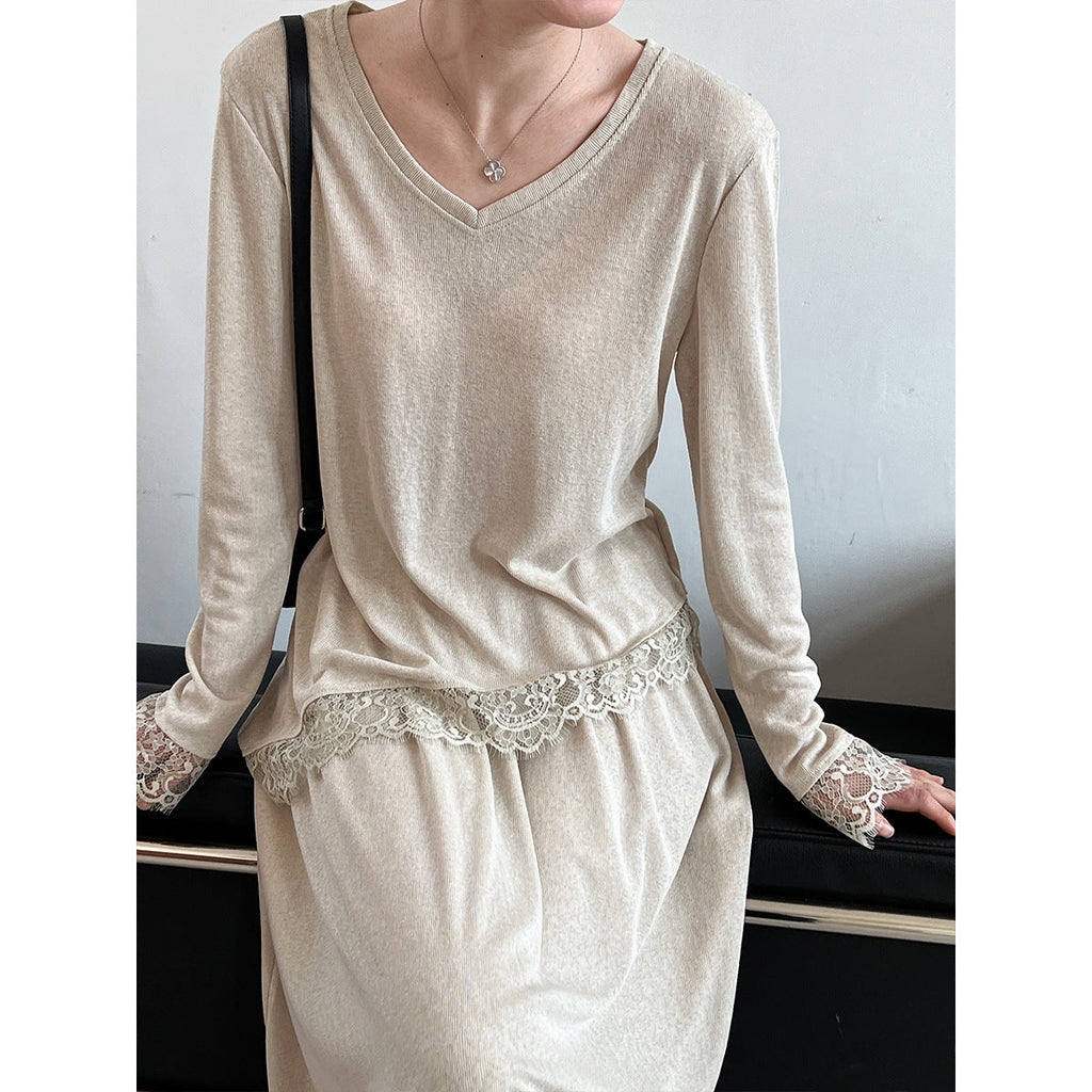 Giant Skinny Set~ Korean Lazy Slack Slant Hoop Lace Top + Skirt Two-piece Set