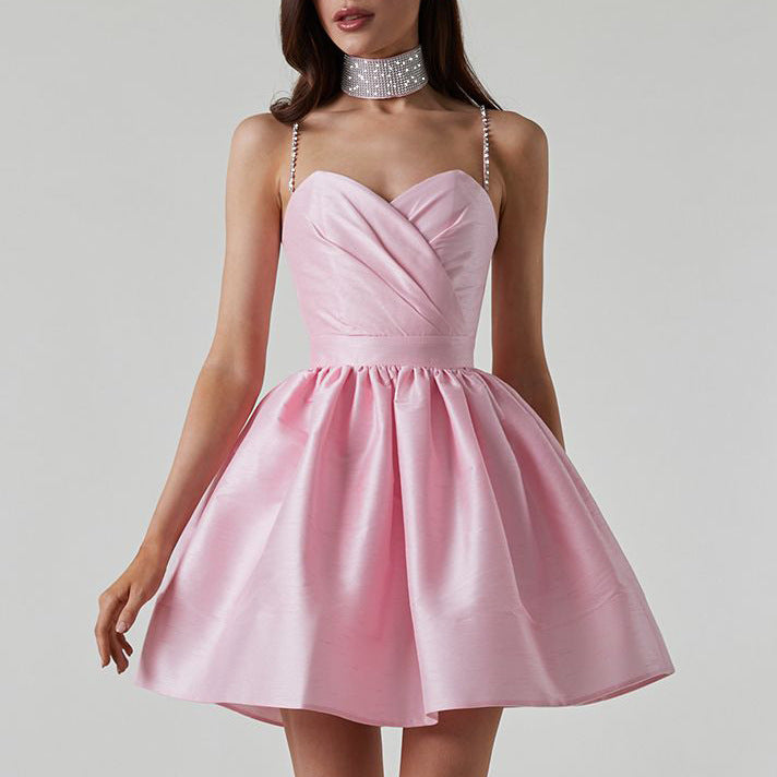 Dress pleated suspender dress sexy temperament rhinestone skirt