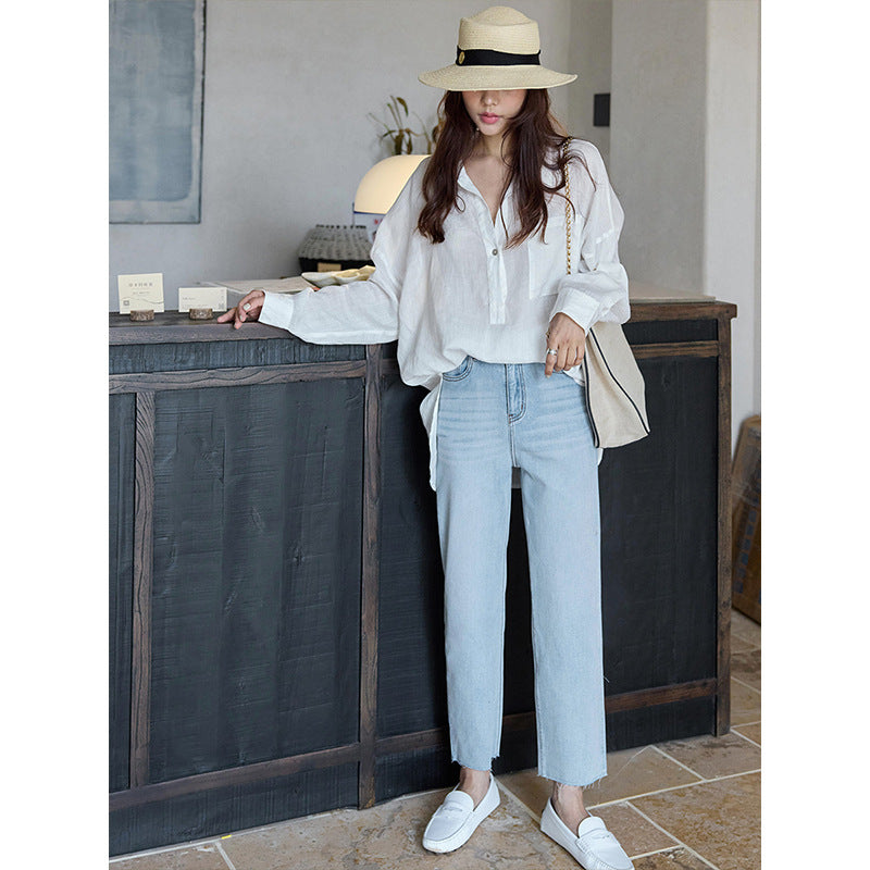 Acetate small feet rough edge nine-point jeans