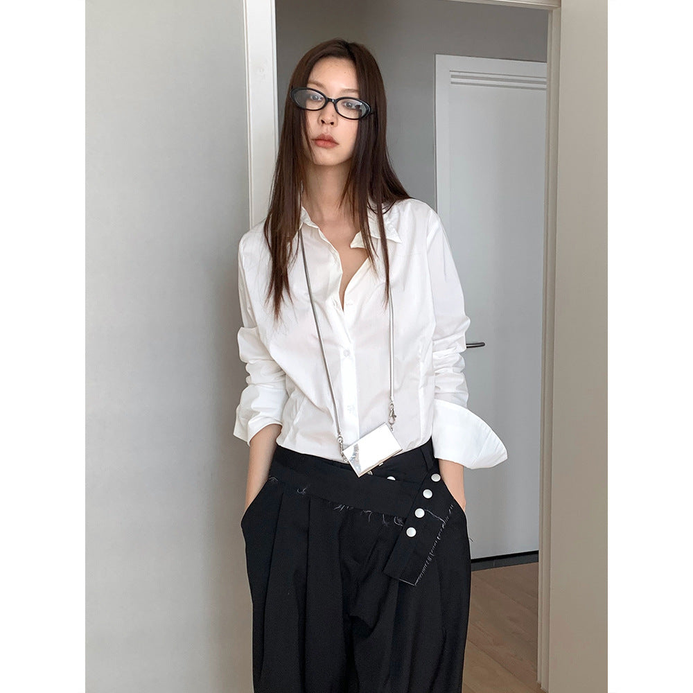 Polo Collar Long Sleeve Shirt Women Single-Breasted Button-Up Waist Fit