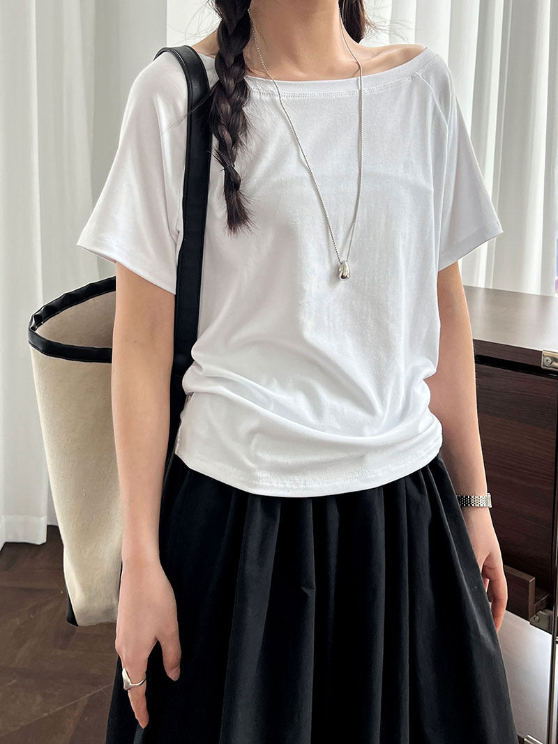Korean simple niche design one-word off-the-shoulder short-sleeved women's summer new diagonal collar loose T-shirt