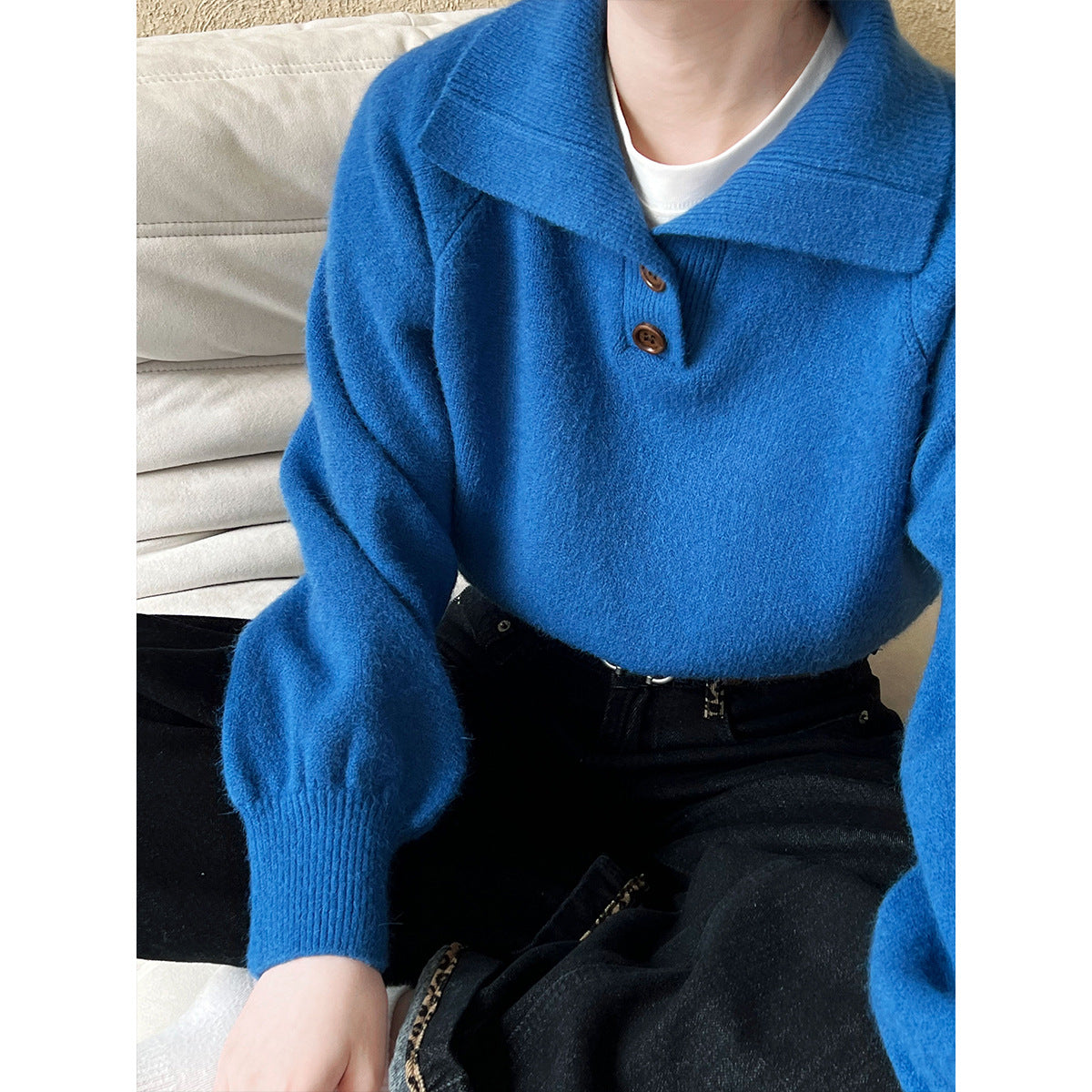 Premium polo collar, thin waist short sweater