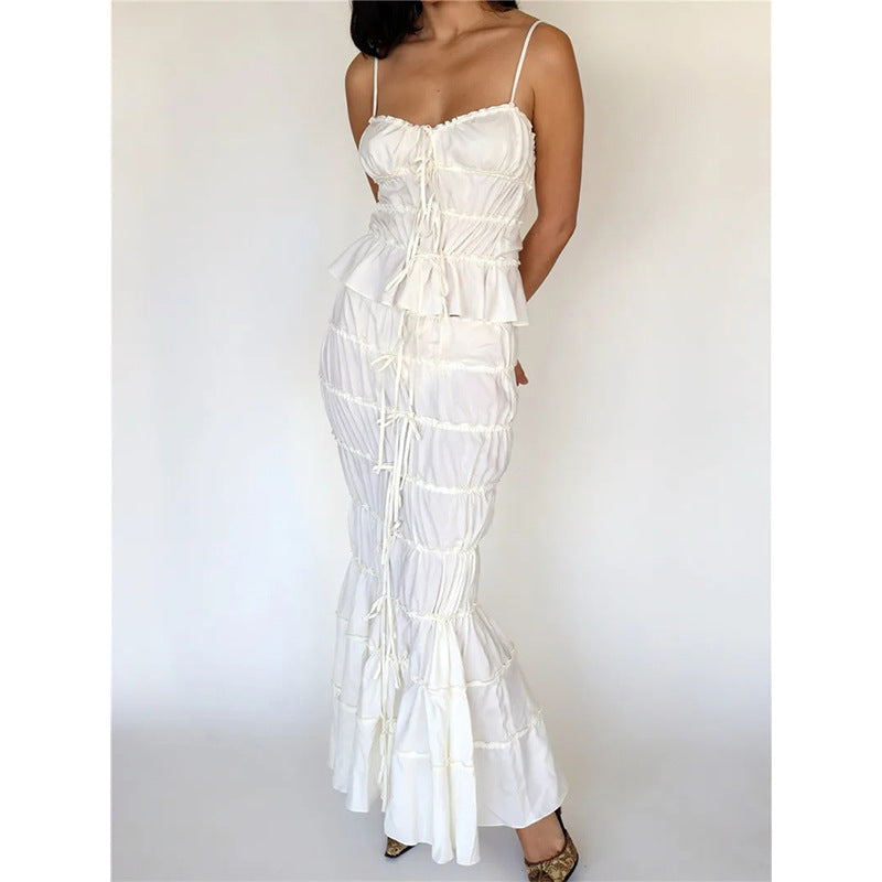 Sexy suspender top skirt set pleated lace lace-up long skirt two-piece set private clothes socialite