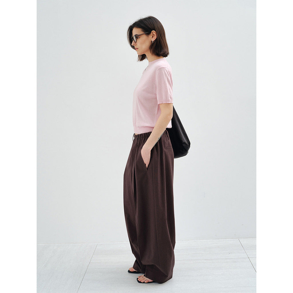 Spring light and soft acetate wool crew neck waist texture knitted sweater