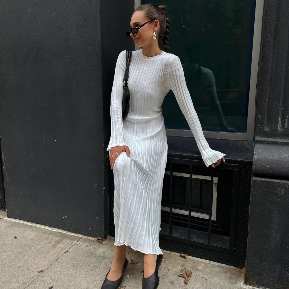 Knitted Long Dress Women Round Neck Bell Sleeve Lace-Up Casual