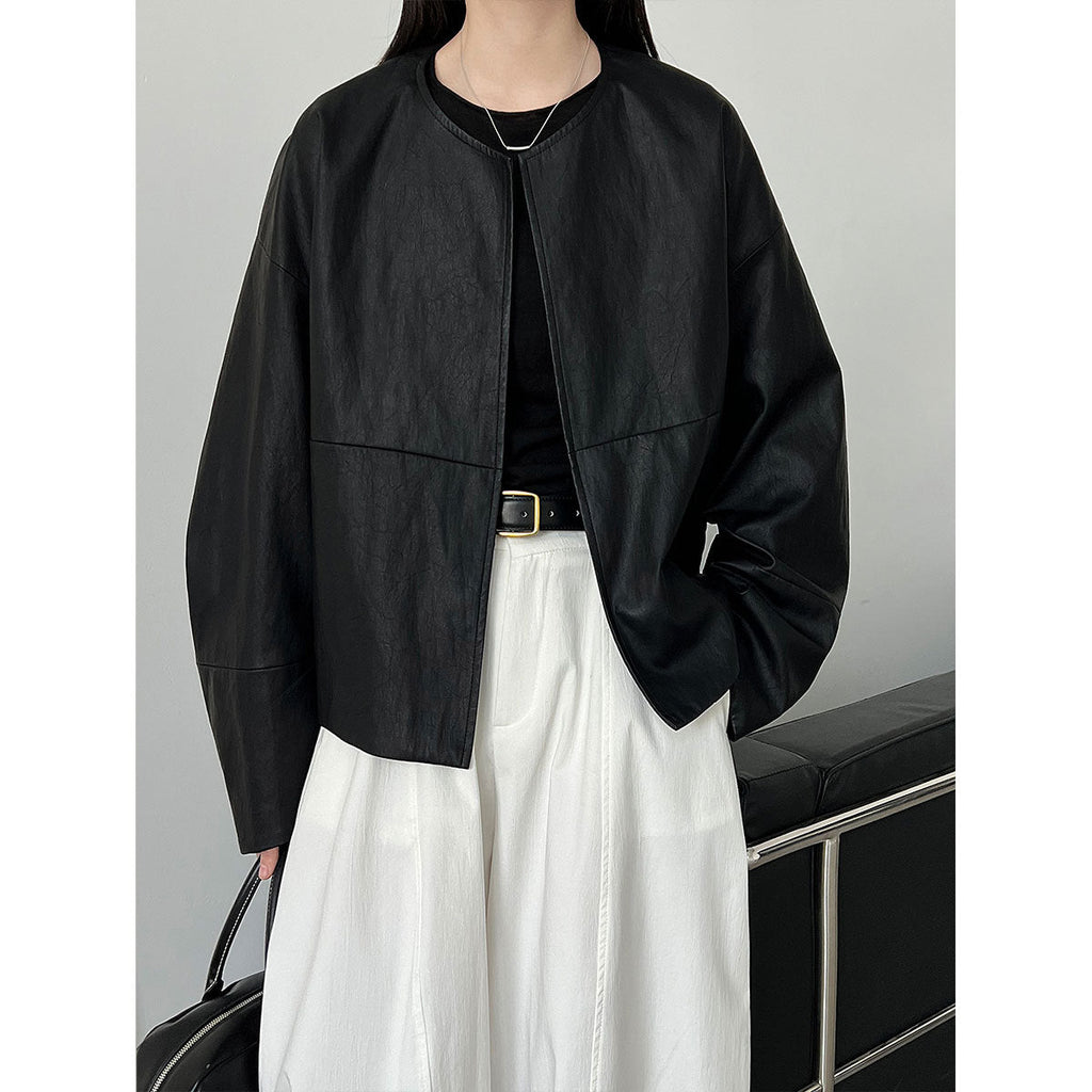 Short loose pu jacket old money wind jacket women's spring new minimalist casual flight leather jacket