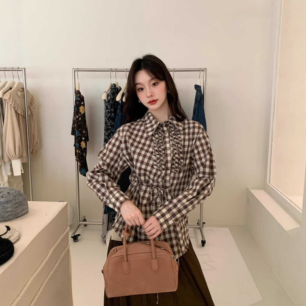 Temperament lace-up slanted placket long-sleeved plaid shirt