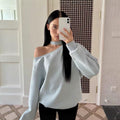 Autumn and winter new design simple sky blue slanted shoulder off-the-shoulder sweater