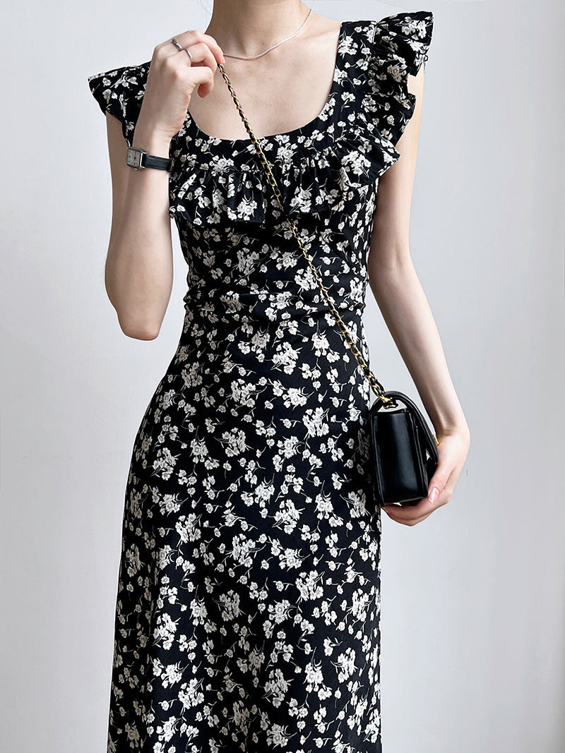 Square collar ruffle edge floral dress women's summer flying sleeves temperament Hepburn vest skirt