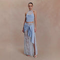 Beach vacation style sexy hollow lace skirt set swing collar top skirt two-piece set