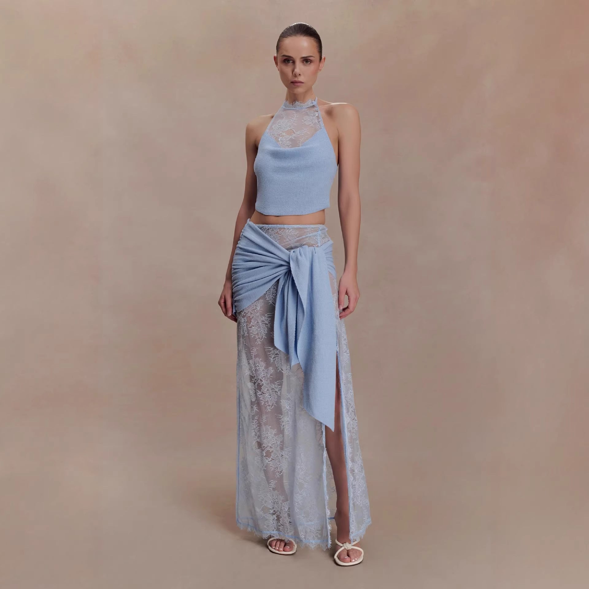 Beach vacation style sexy hollow lace skirt set swing collar top skirt two-piece set