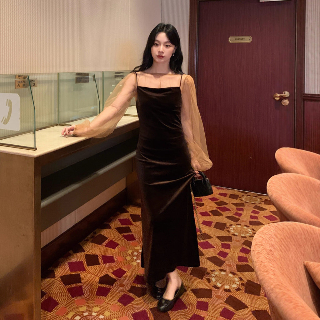 Women's Off-Shoulder High-Waist Slim Velvet Sleeveless Maxi Dress
