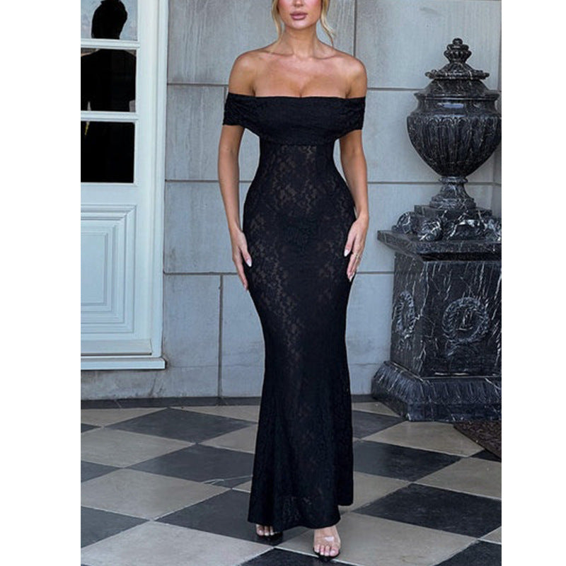 Spot new fashion lace one-word shoulder dress halter hot girl sexy tube top dress