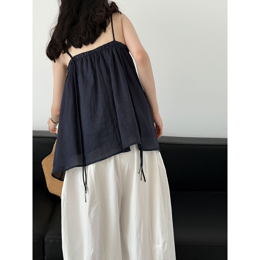 Pleated round neck woven shoulder strap vest women's summernew arrivalkorean style sleeveless loose suspender tops