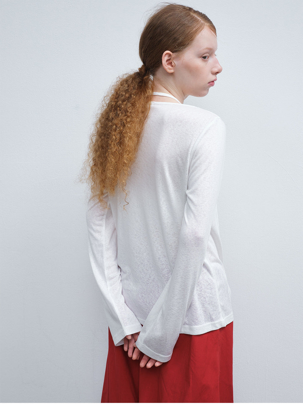 Spring New Casual Tencel Hemp Embroidery Solid Color Versatile Boat Collar Thin Transparent Long Sleeve T-Shirt