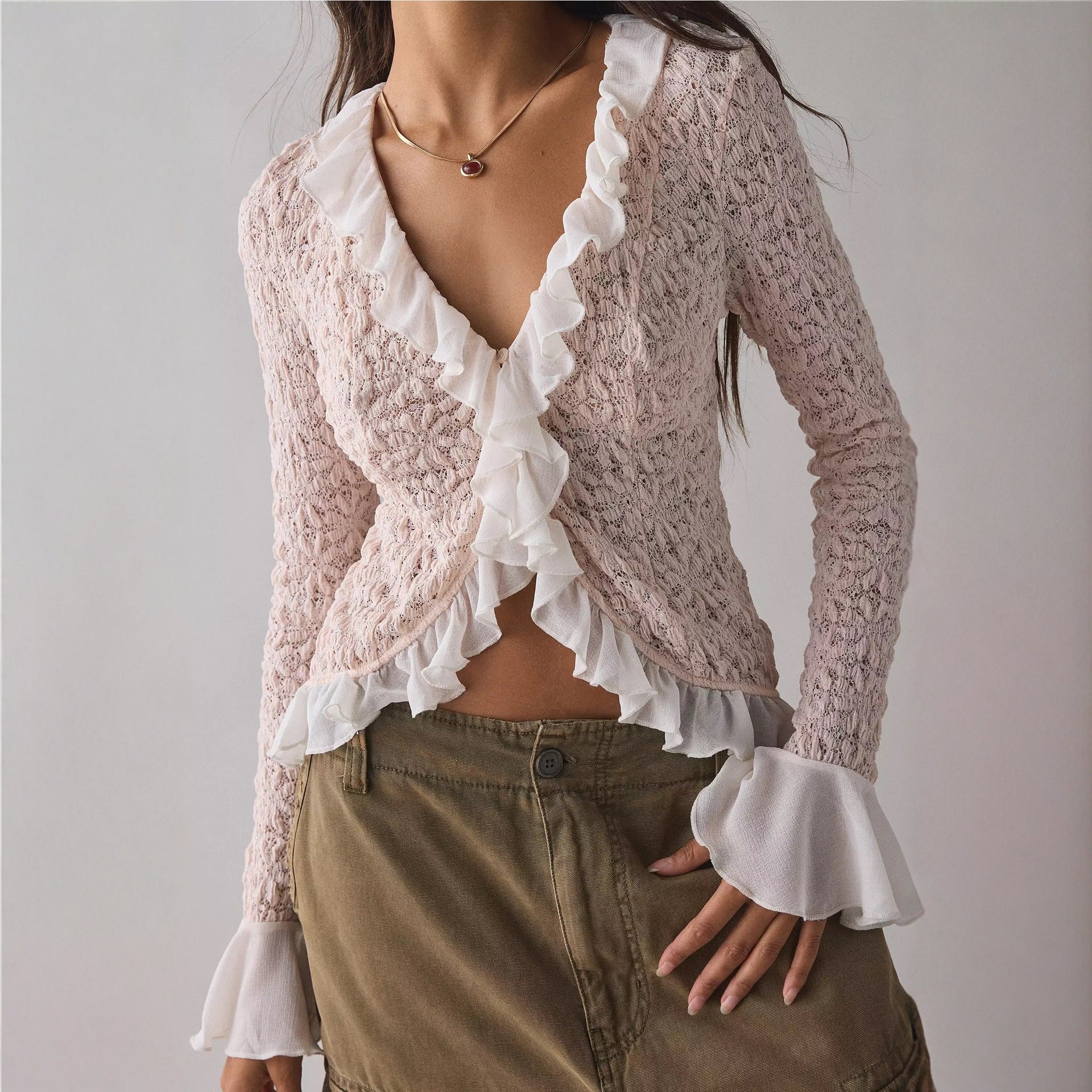 Sexy INS style cardigan ruffle edge flared sleeve waist slim top